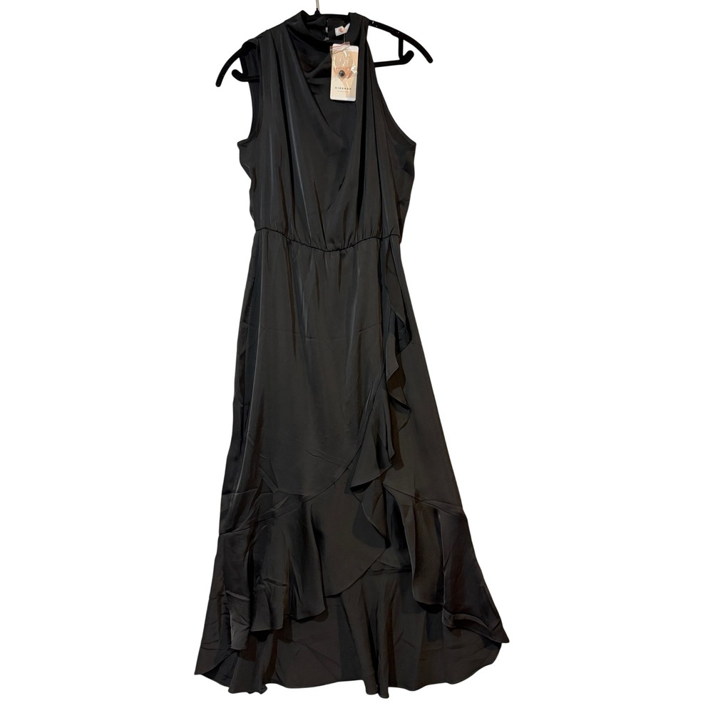 KIRUNDO Black Sleeveless Mock Neck Ruffle Midi Dress Elegant‎